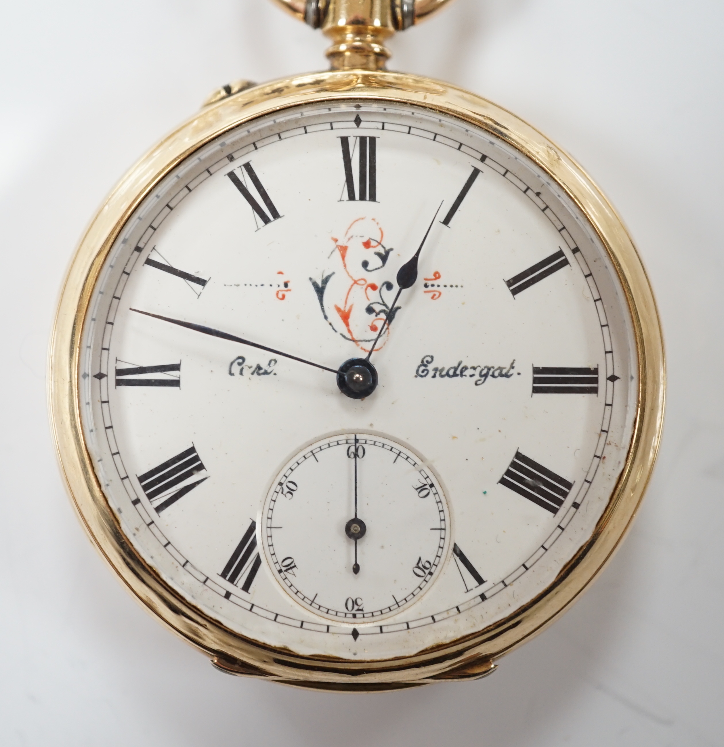 A Swiss 14k open face keyless pocket watch, with Roman dial and subsidiary seconds, case diameter 47mm, gross weight 85.2 grams.